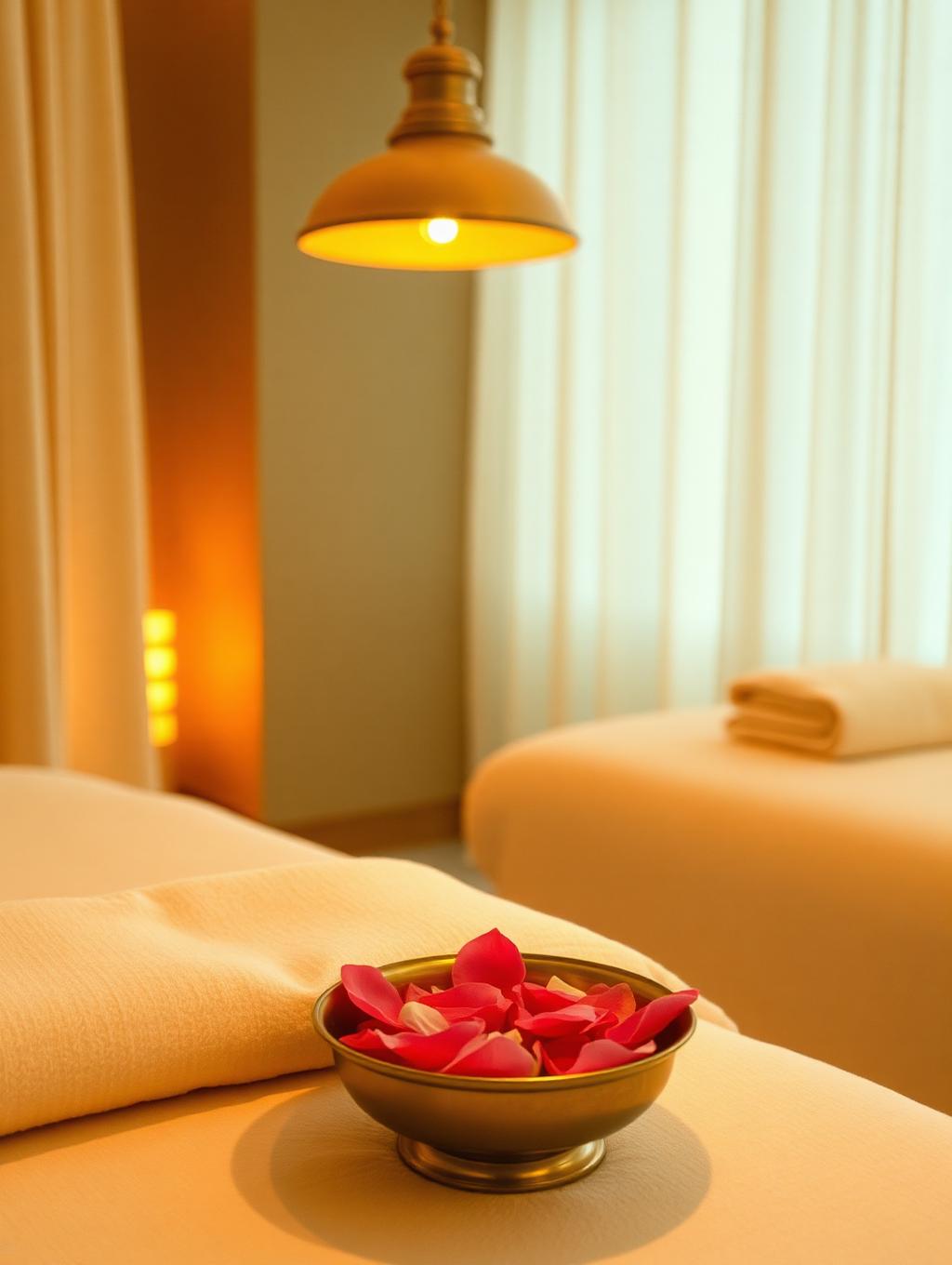 Warmly lit spa room prepared for a body massage at Reshmi Beauty Parlour